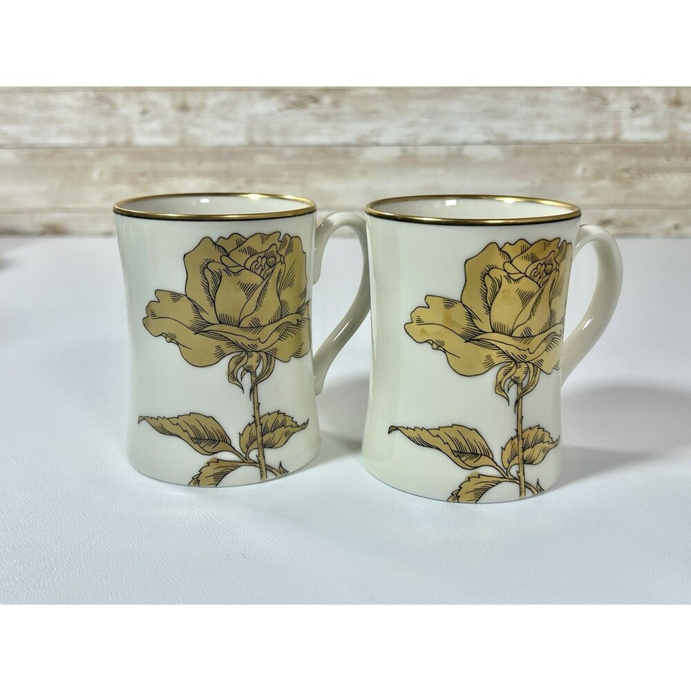 Fitz and Floyd Golden Rose 1979 Tea Mugs Japan Porcelain Floral